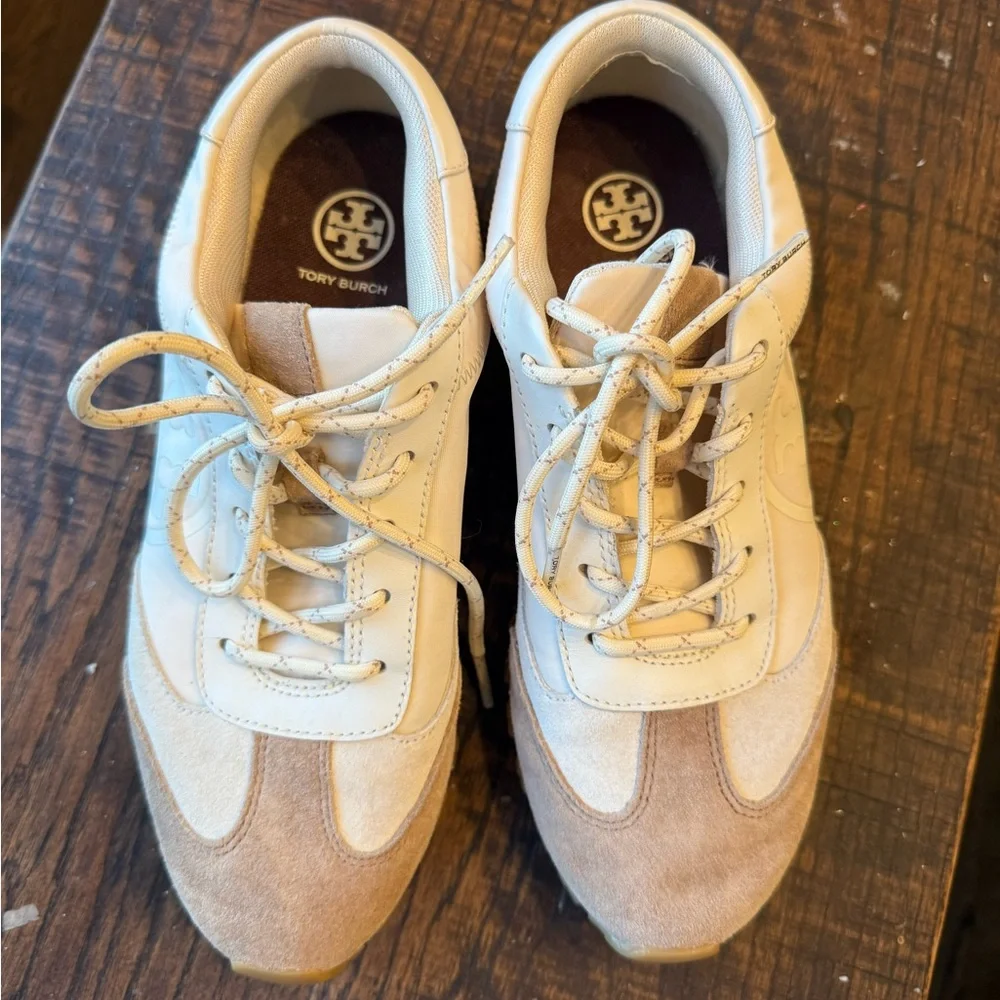 Tory Burch Men's White and Beige Suede-Trim Sneakers size 7.5